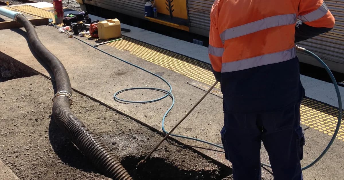 Worker using a water lance beside a vacuum hose during excavation work